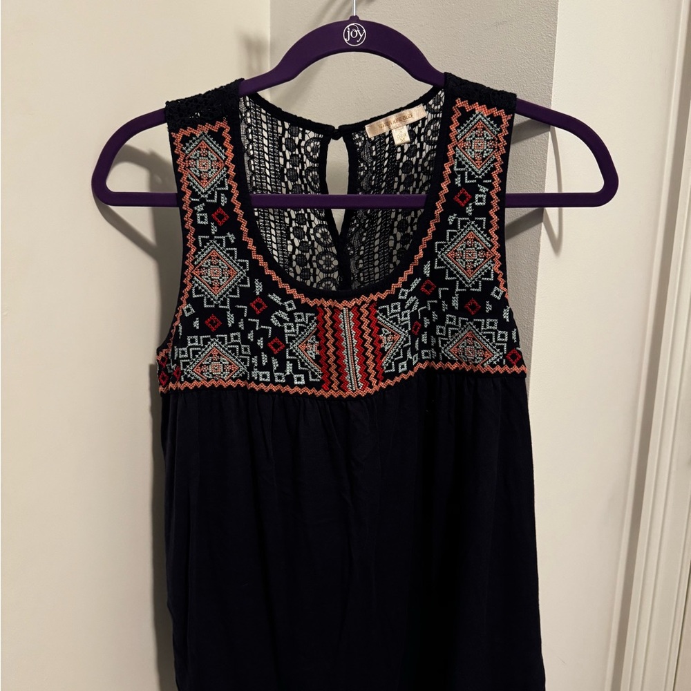 Skies Are Blue Black Top with Red and Blue Embroidery